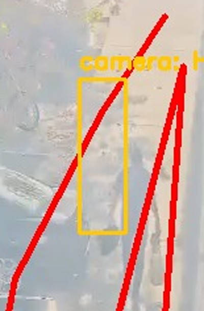 Zoomed view of a pavement area
      beside parked vehicles where the camera reported a person