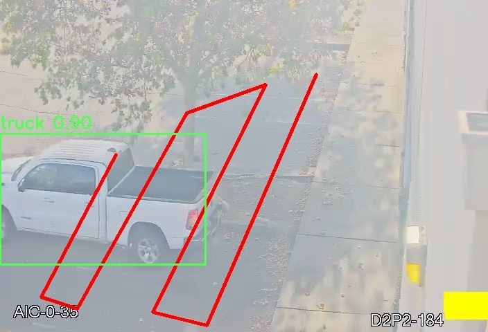 A white pickup truck at a kerb,
    boxed in green as 'truck 0.80', with red rule segments crossing over it